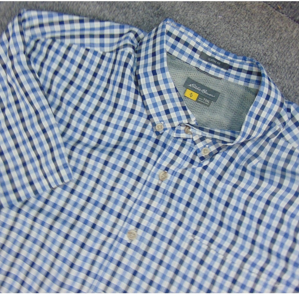 Eddie Bauer First Ascent Shirt Mens 3XL Tall Blue White Check Plaid Short Sleeve